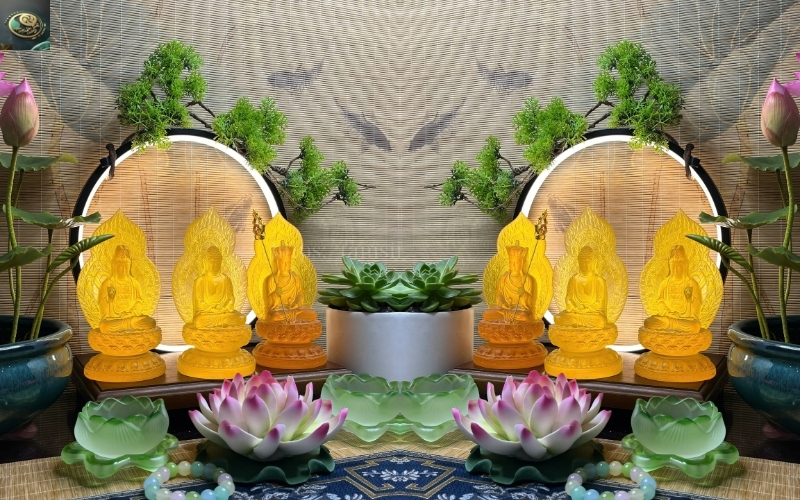 Bộ Tượng Ta Bà Tam Thánh Lá Bồ Đề Vàng 18cm Composite Giả Lưu Ly