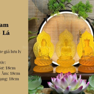 Bộ Tượng Ta Bà Tam Thánh Lá Bồ Đề Vàng 18cm Composite Giả Lưu Ly