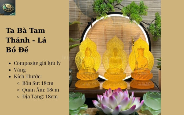 Bộ Tượng Ta Bà Tam Thánh Lá Bồ Đề Vàng 18cm Composite Giả Lưu Ly