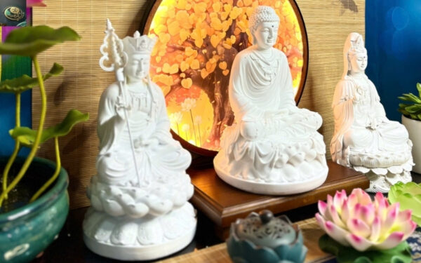 Bộ Tượng Ta Bà Tam Thánh Trắng Trơn Cao 30cm Composite Cao Cấp