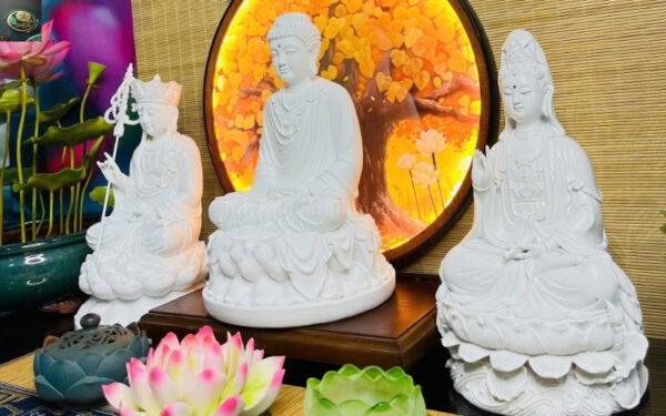 Bộ Tượng Ta Bà Tam Thánh Trắng Trơn Cao 30cm Composite Cao Cấp