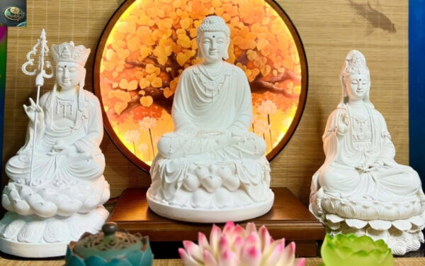 Bộ Tượng Ta Bà Tam Thánh Trắng Trơn Cao 30cm Composite Cao Cấp