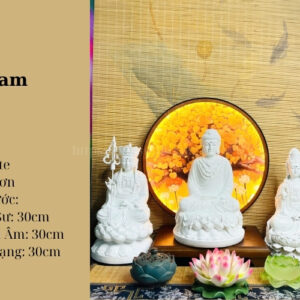 Bộ Tượng Ta Bà Tam Thánh Trắng Trơn Cao 30cm Composite Cao Cấp