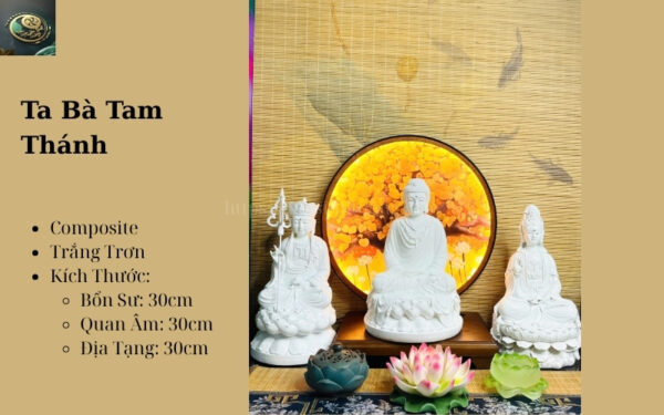 Bộ Tượng Ta Bà Tam Thánh Trắng Trơn Cao 30cm Composite Cao Cấp