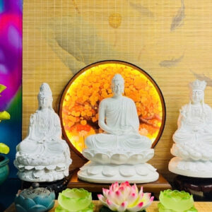 Bộ Tượng Ta Bà Tam Thánh Trắng Trơn Cao 30–32cm Composite Cao Cấp