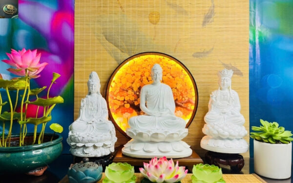 Bộ Tượng Ta Bà Tam Thánh Trắng Trơn Cao 30–32cm Composite Cao Cấp