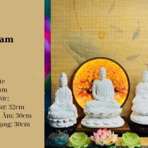 Bộ Tượng Ta Bà Tam Thánh Trắng Trơn Cao 30–32cm Composite Cao Cấp