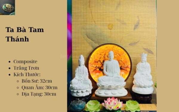 Bộ Tượng Ta Bà Tam Thánh Trắng Trơn Cao 30–32cm Composite Cao Cấp