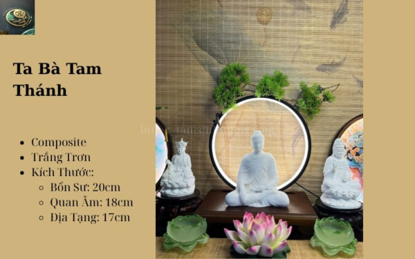 Ta Bà Tam Thánh Trắng Trơn Bổn Sư 20cm, Quan Âm 18cm, Địa Tạng 17cm