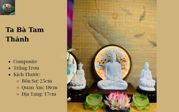 Ta Bà Tam Thánh Trắng Trơn Bổn Sư 25cm, Quan Âm 18cm, Địa Tạng 17cm