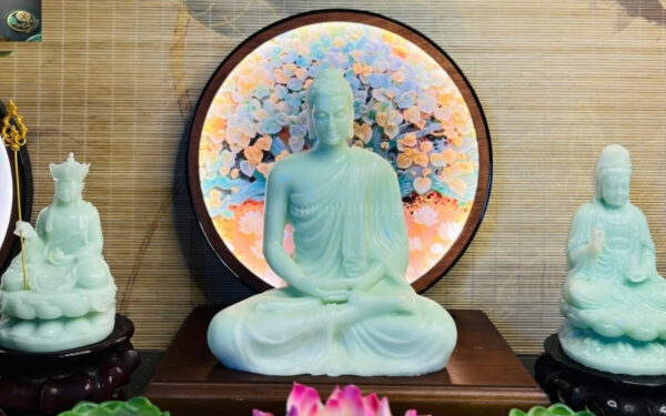 Ta Bà Tam Thánh Xanh Ngọc Bổn Sư 25cm, Quan Âm 18cm, Địa Tạng 17cm