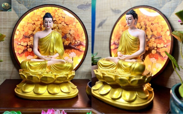 Tượng Bổn Sư Thích Ca Mâu Ni Phật Ngồi Đài Sen Vàng 32cm – Tôn Vinh Ánh Sáng Giác Ngộ
