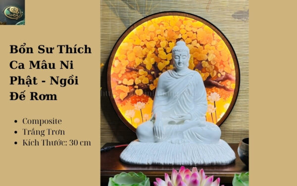 Tượng Bổn Sư Thích Ca Mâu Ni Phật Ngồi Đế Rơm Trắng Trơn 30cm