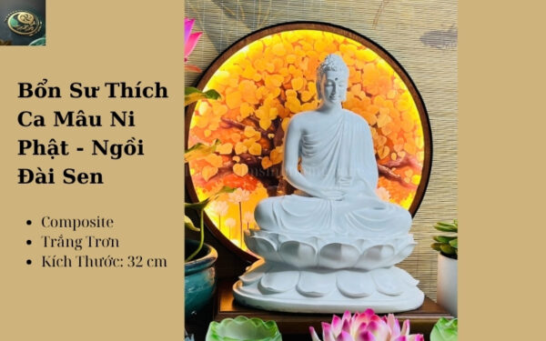 Tượng Phật Thích Ca Ngồi Đài Sen Trắng Trơn 32cm – Thanh Tịnh & Tỉnh Thức