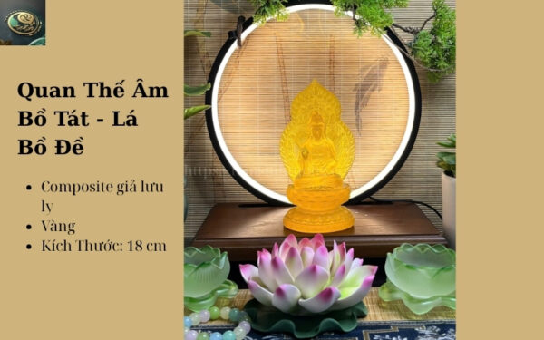 Tượng Quan Thế Âm Bồ Tát Lá Bồ Đề Vàng 18cm – Ánh Sáng Từ Bi, Hóa Giải Nghiệp Lực
