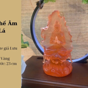 Tượng Quan Thế Âm Bồ Tát Lá Sen Đỏ Cam Vàng 23cm – Từ Bi Chiếu Sáng, Bình An Lan Tỏa
